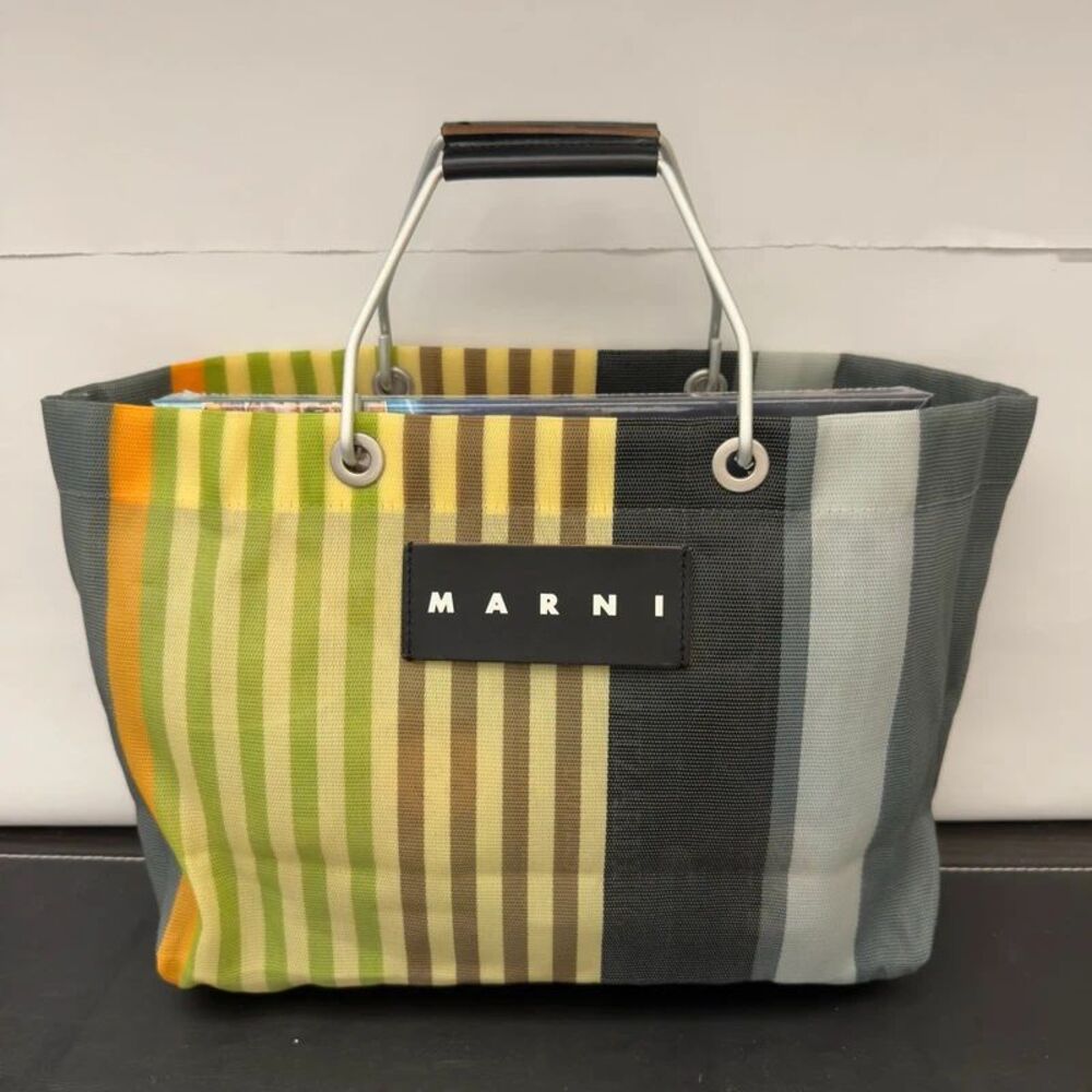 MARNI Market Stripe Nylon Shopping Bag Tote Multicolor Aluminum Leather Handle